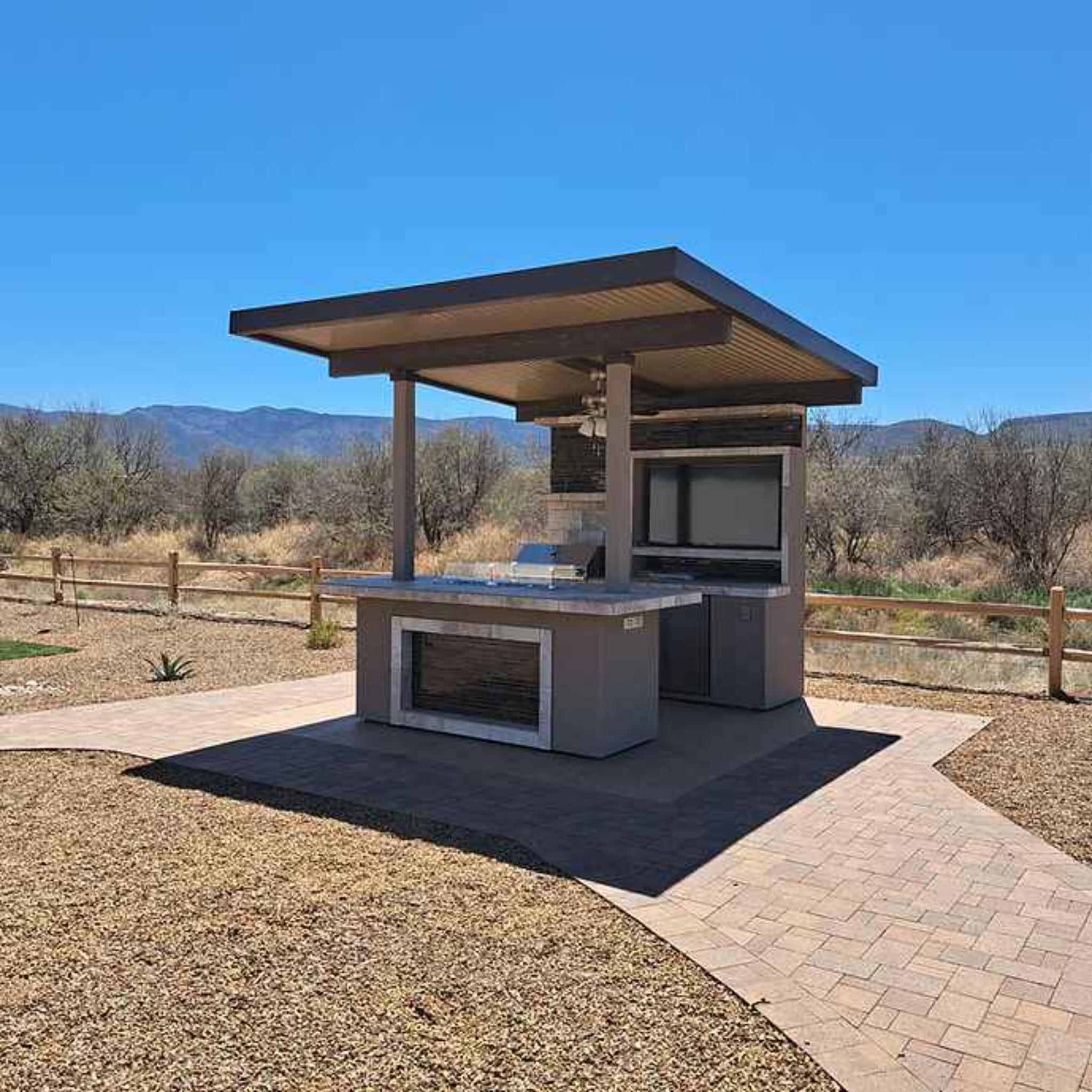 KoKoMo Baja Outdoor Kitchen with 12x12 Patio Cover – Complete Modular BBQ Island with Grill, Fridge & Bar Seating