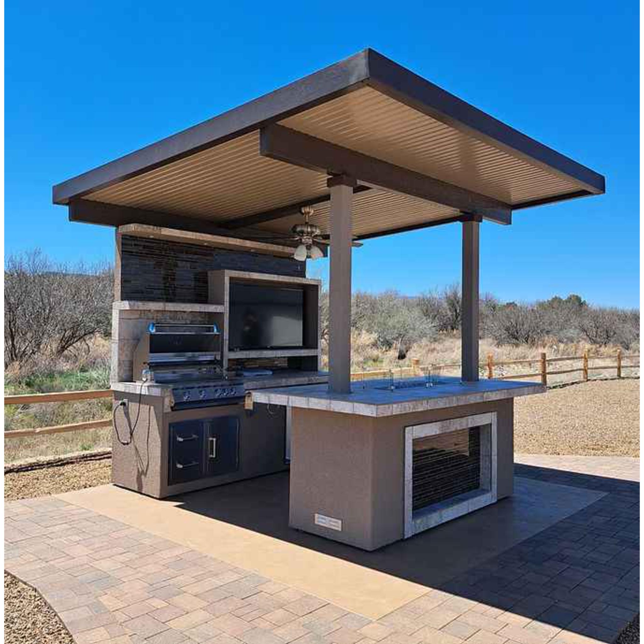 KoKoMo Baja Outdoor Kitchen with 12x12 Patio Cover – Complete Modular BBQ Island with Grill, Fridge & Bar Seating