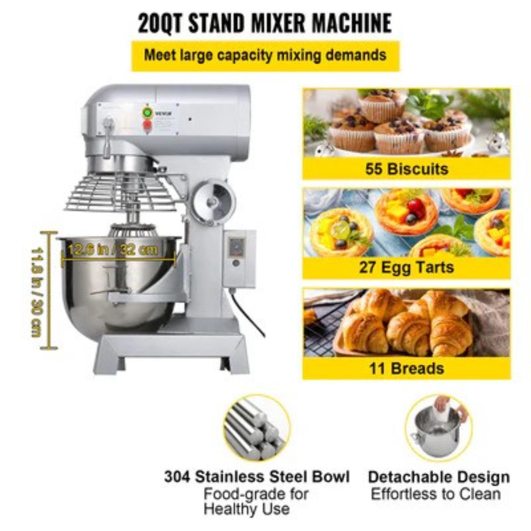 Commercial Food Mixer 20Qt 750W 3 Speeds Adjustable 105 180 and 408 RPM Food Processor Heavy Duty with Stainless Steel Bowl Dough Hooks Whisk Beater for Schools Bakeries Restaurants Pizzeria