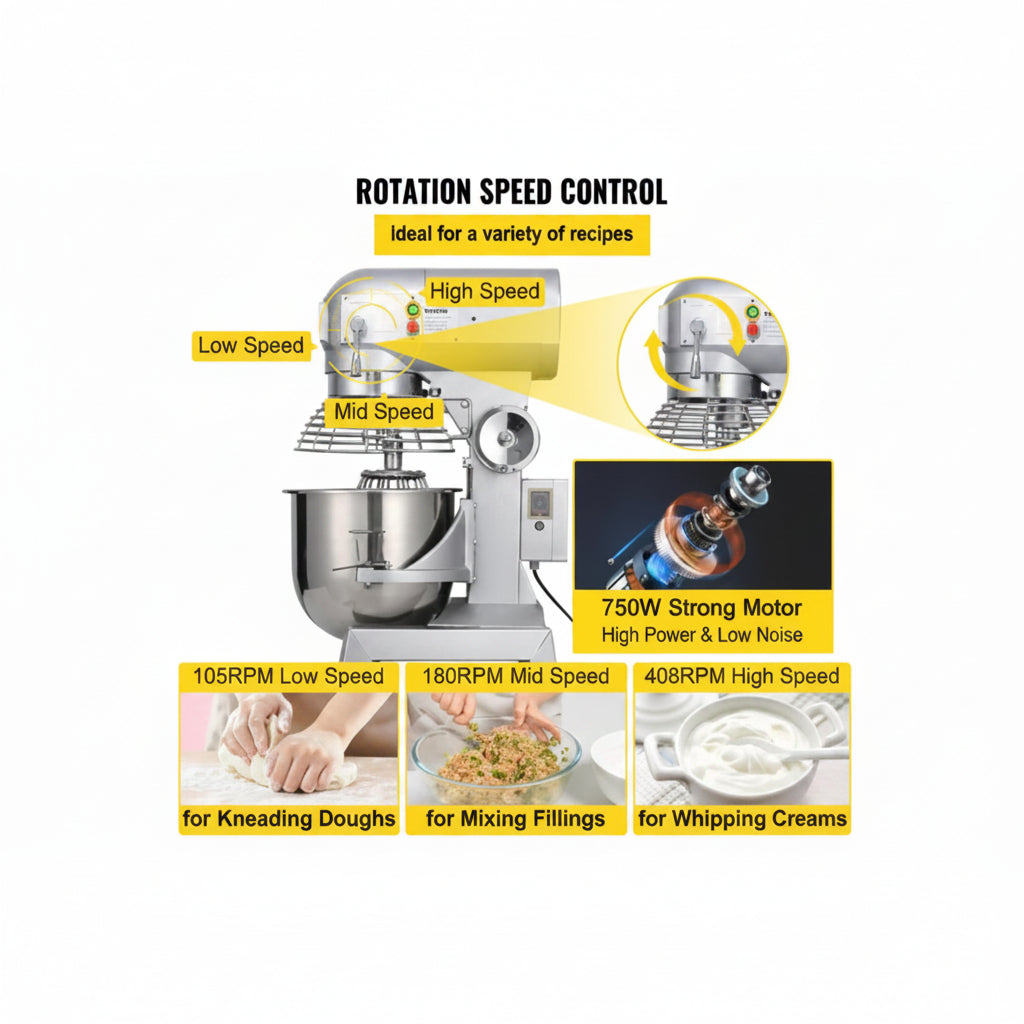Commercial Food Mixer 20Qt 750W 3 Speeds Adjustable 105 180 and 408 RPM Food Processor Heavy Duty with Stainless Steel Bowl Dough Hooks Whisk Beater for Schools Bakeries Restaurants Pizzeria
