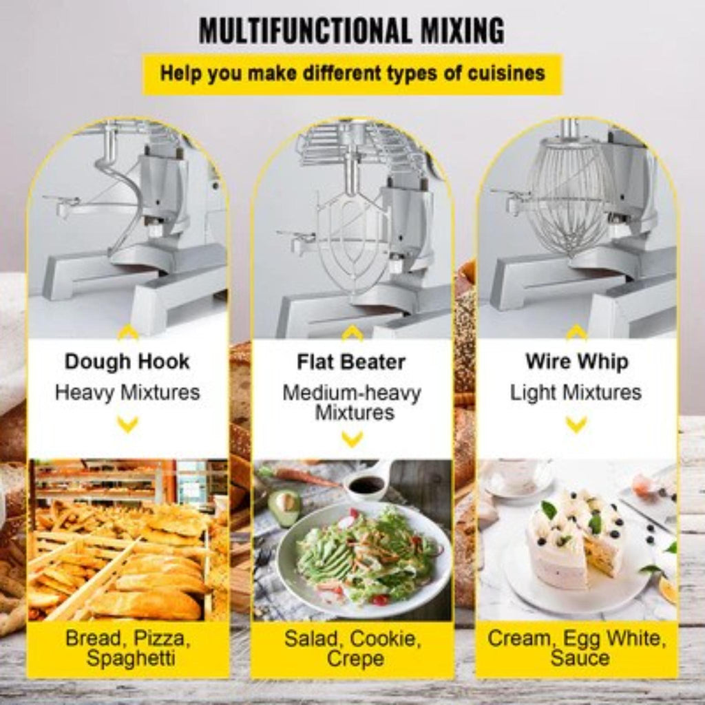 Commercial Food Mixer 20Qt 750W 3 Speeds Adjustable 105 180 and 408 RPM Food Processor Heavy Duty with Stainless Steel Bowl Dough Hooks Whisk Beater for Schools Bakeries Restaurants Pizzeria