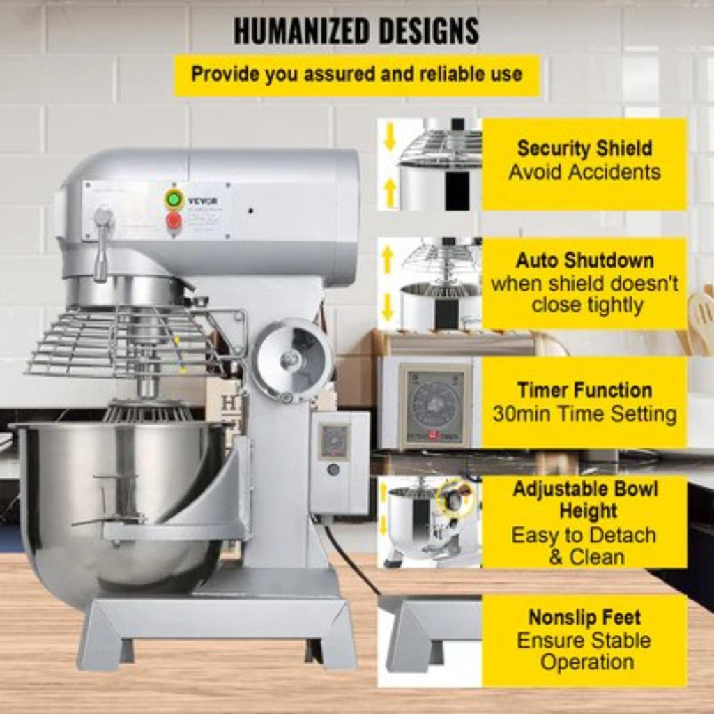 Commercial Food Mixer 20Qt 750W 3 Speeds Adjustable 105 180 and 408 RPM Food Processor Heavy Duty with Stainless Steel Bowl Dough Hooks Whisk Beater for Schools Bakeries Restaurants Pizzeria