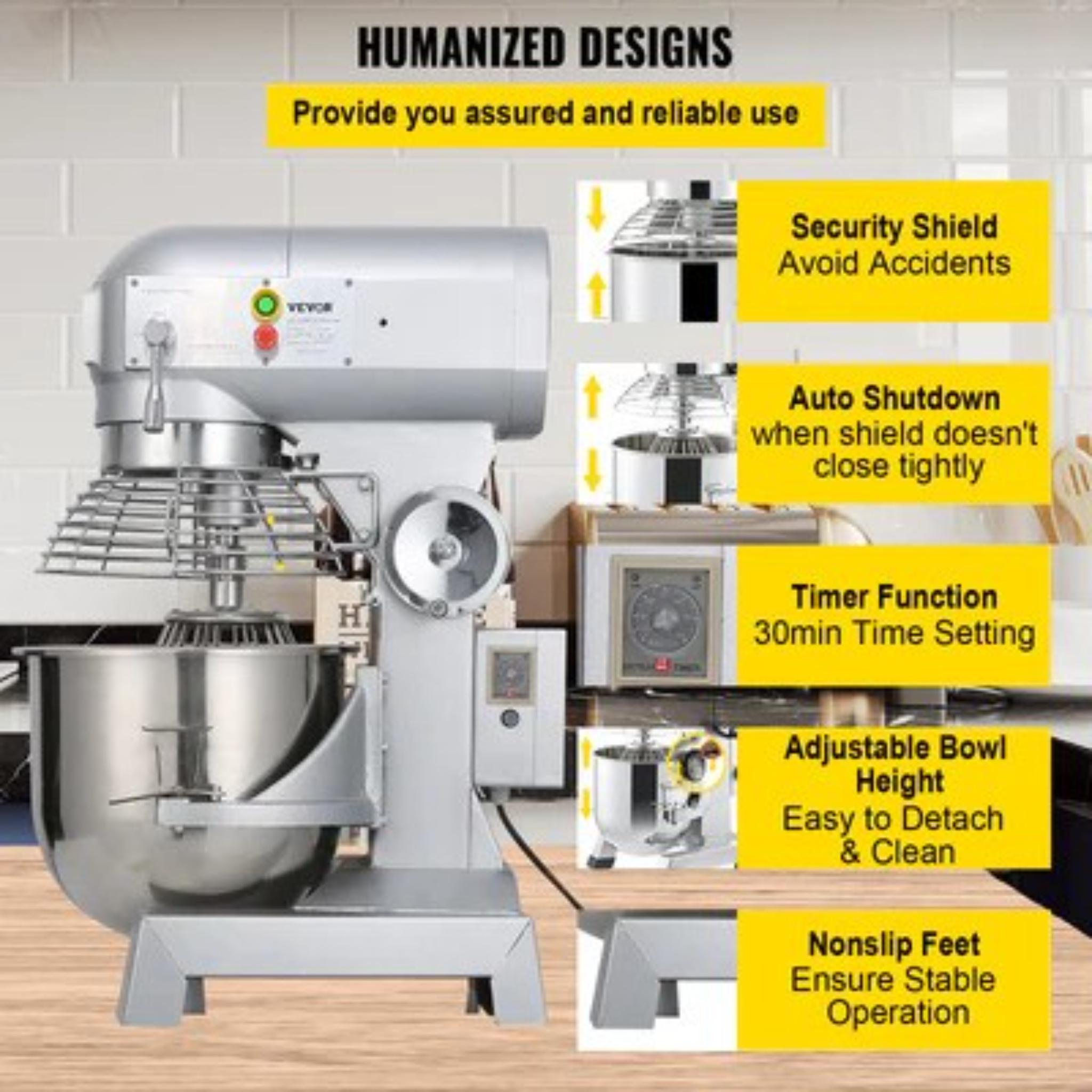 Commercial Food Mixer 20Qt 750W 3 Speeds Adjustable 105 180 and 408 RPM Food Processor Heavy Duty with Stainless Steel Bowl Dough Hooks Whisk Beater for Schools Bakeries Restaurants Pizzeria