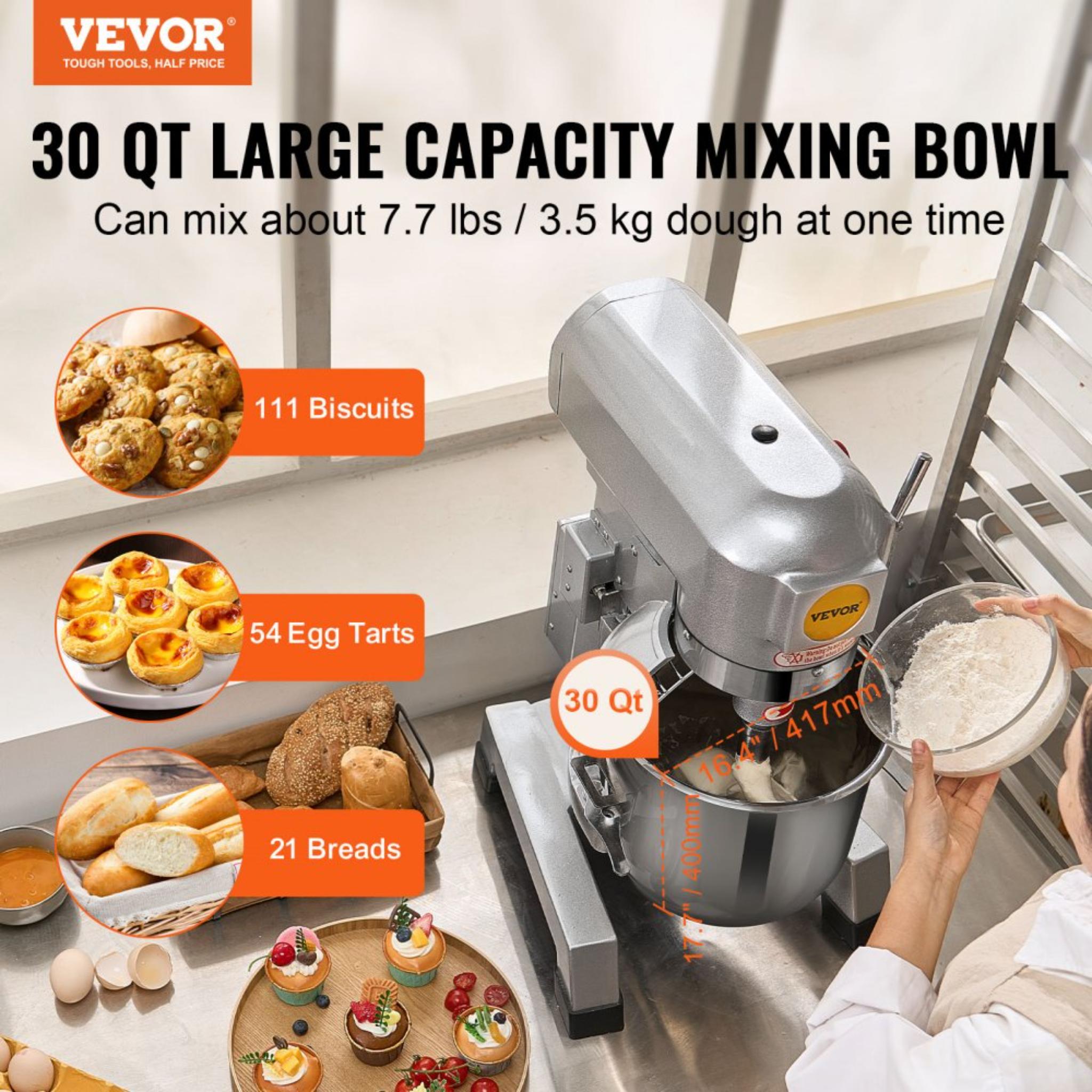 Commercial Food Mixer, 30Qt Commercial Mixer with Timing Function, 1100W Stainless Steel Bowl Heavy Duty Electric Food Mixer Commercial with 3 Speeds Adjustable 105/180/408 RPM