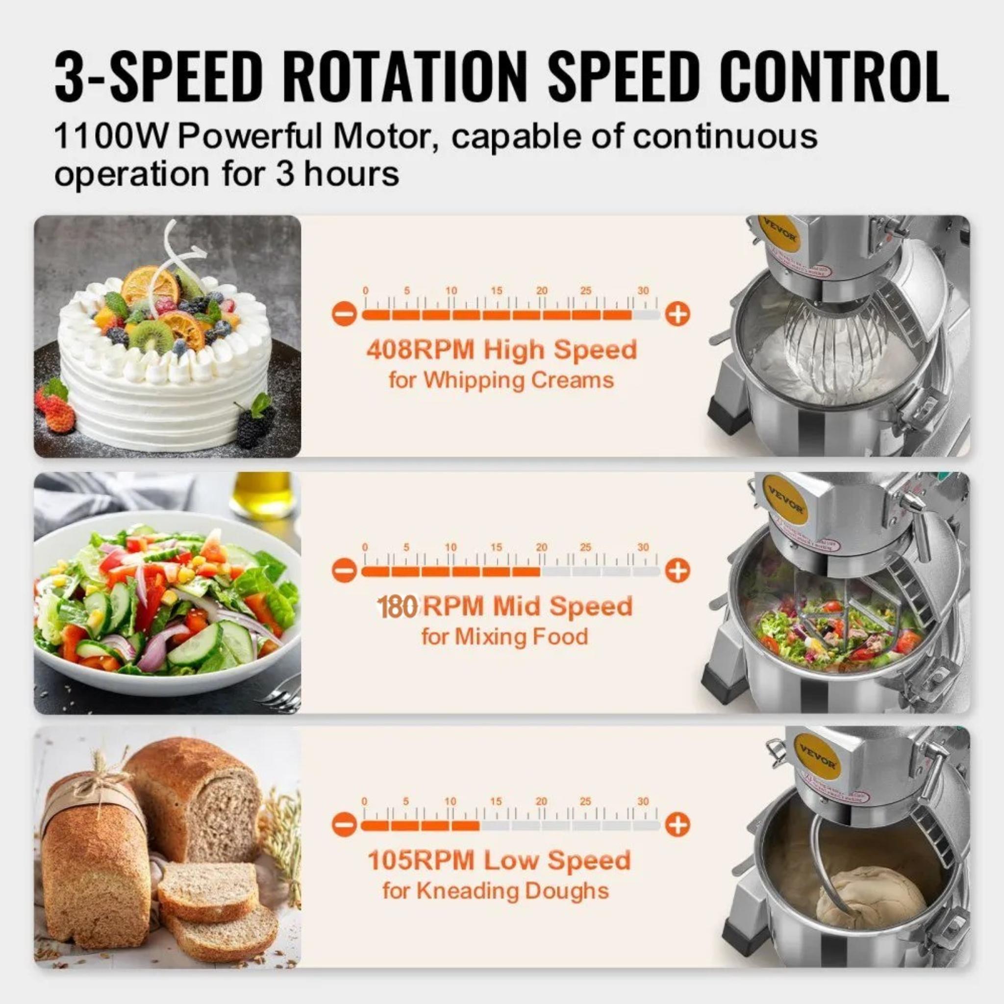 Commercial Food Mixer, 30Qt Commercial Mixer with Timing Function, 1100W Stainless Steel Bowl Heavy Duty Electric Food Mixer Commercial with 3 Speeds Adjustable 105/180/408 RPM