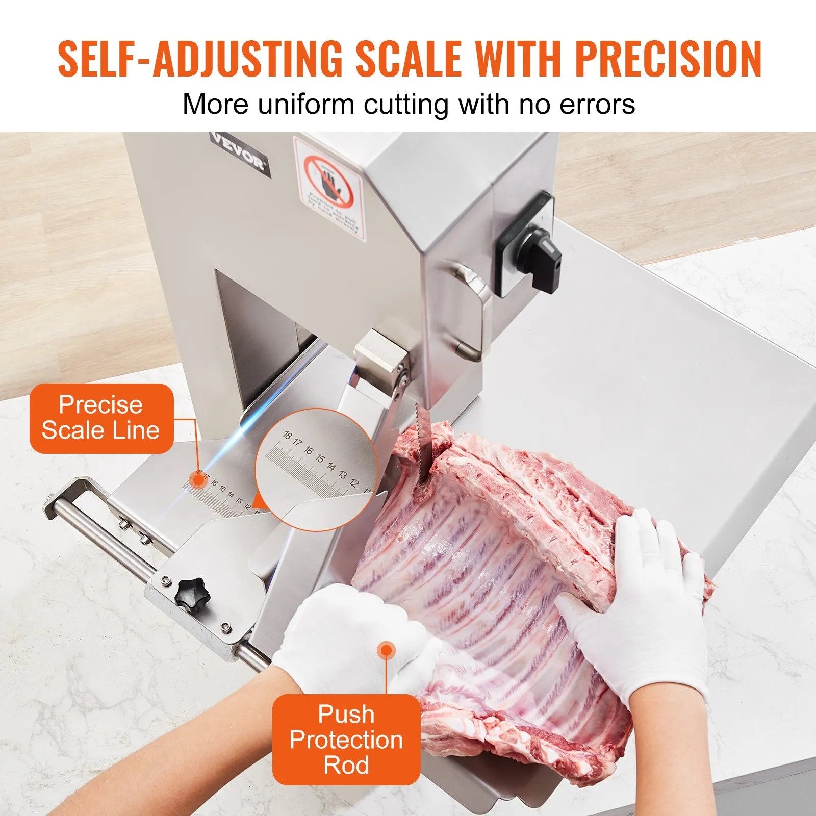Commercial Electric Meat Bandsaw, 2200W Stainless Steel Countertop Bone Sawing Machine, Workbeach 18.5" x 20.9", 0-7.1 Inch Cutting Thickness, Frozen Meat Cutter with 6 Blades for Rib Pork Beef